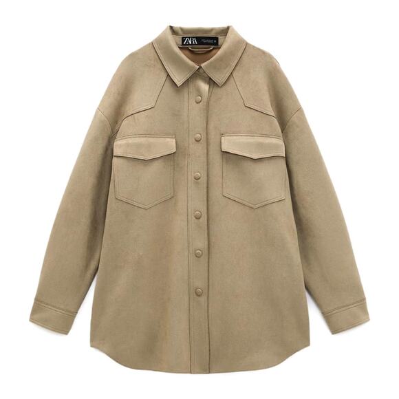 Zara Faux Suede Overshirt Snap Front Shacket Jacket Shirt Top Size Medium - Picture 2 of 6